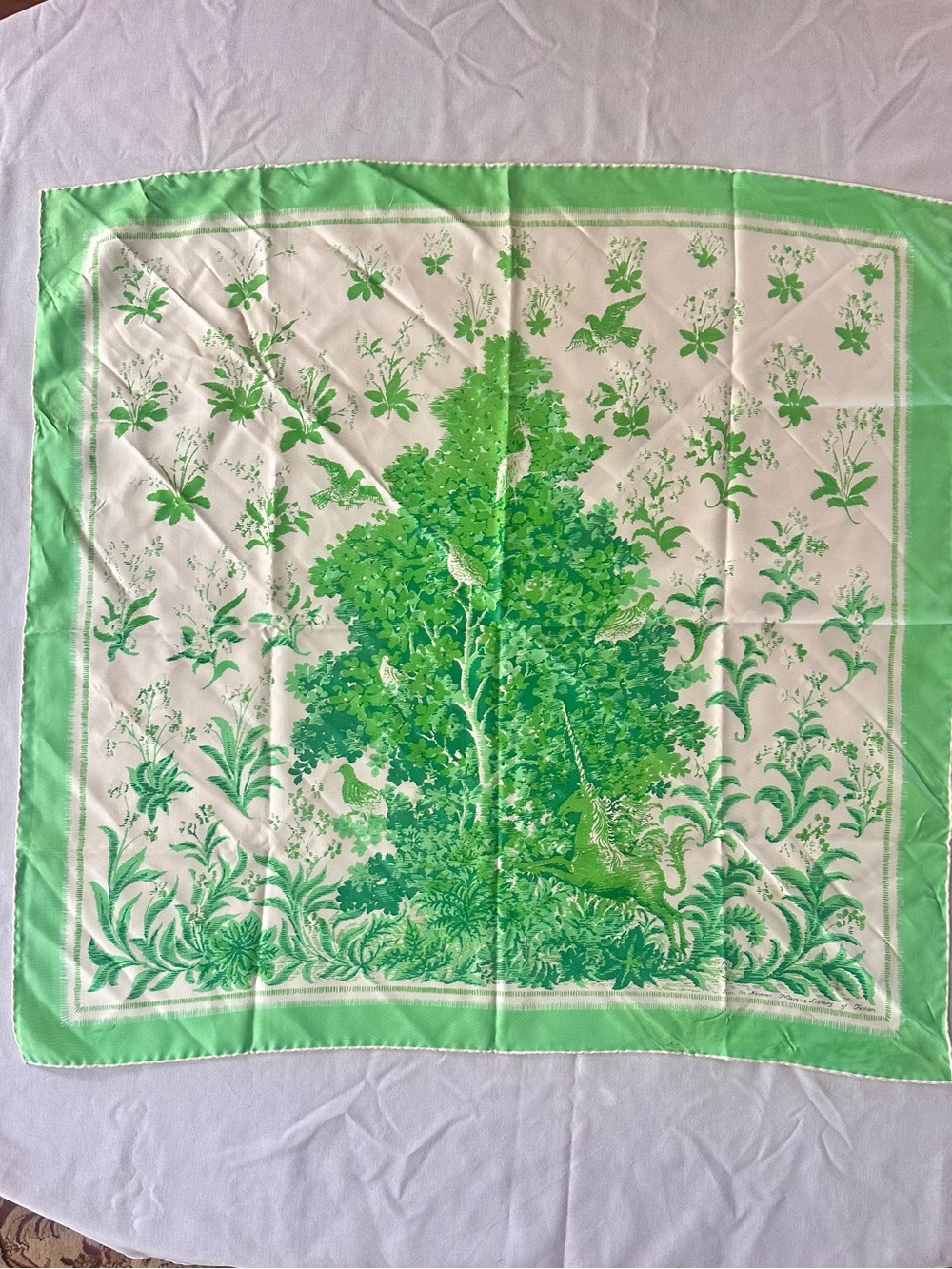 Vintage Neiman Marcus Silk Scarf Library of Fashion Unicorn Green White 30”